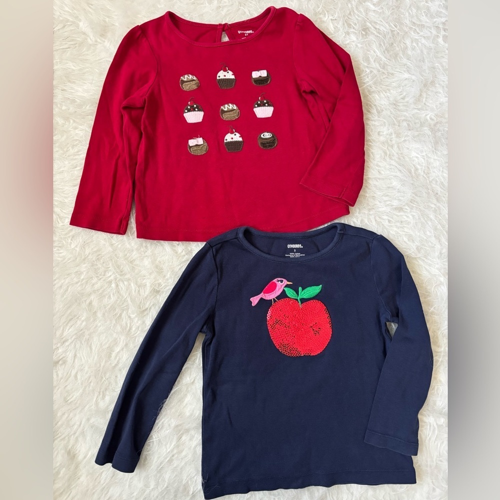 Gymboree Red and Navy Toddler Long Sleeve Tees- Cupcakes & Apple